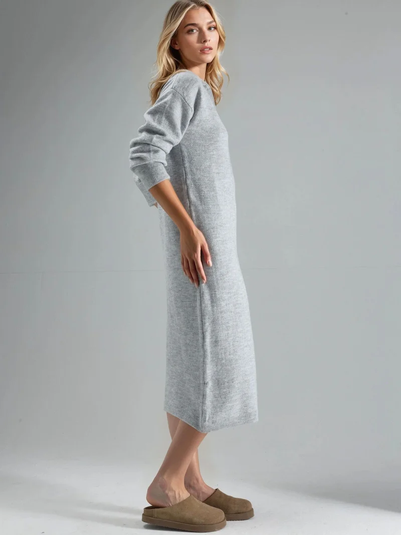 MY FASHION Grey MY FASHION Ribbed Polo Collar Maxi Knit Dress for Women | Best Price UAE